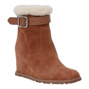 Jonathan Simkhai Toffee Suede Avery Faux Shearling Wedge‎ Ankle Boots Size 7